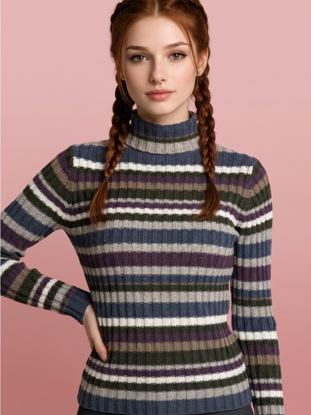 Jones New York Striped Cottagecore 100% Cotton Mock-Neck Sweater-M